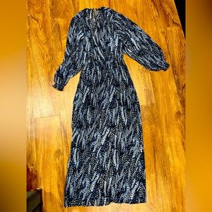 H&M Sheer Overlay Metallic Neck Blue Maxi Dress Size 8